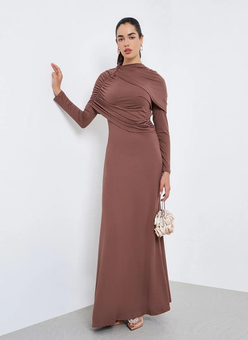 Styli Women Brown Wrap Detail Bodycon Maxi Dress